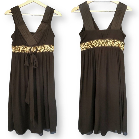 Banana Republic Gold Embroidered Silk Cocktail Dress Black Size 2 - Picture 1 of 9